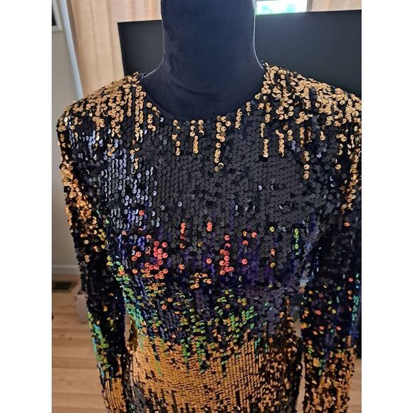Medium Black Multicolor Sequin Bodycon Dress Stretch Mini Rear Zip Party Club - Picture 2 of 5